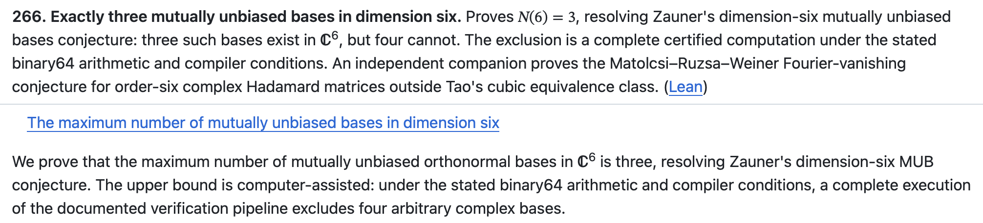 GitHub catalogue entry 266: Exactly three mutually unbiased bases in dimension six