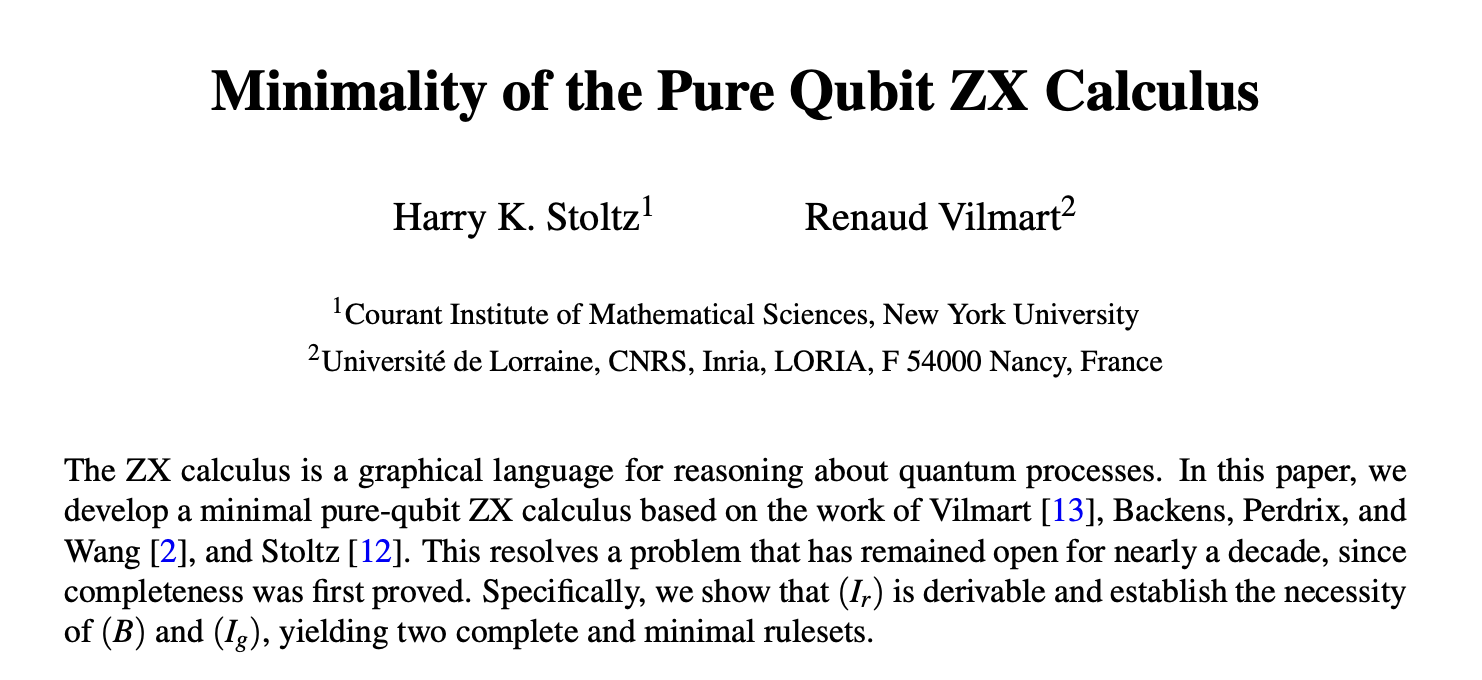Title page of Minimality of the Pure Qubit ZX Calculus by Harry K. Stoltz and Renaud Vilmart