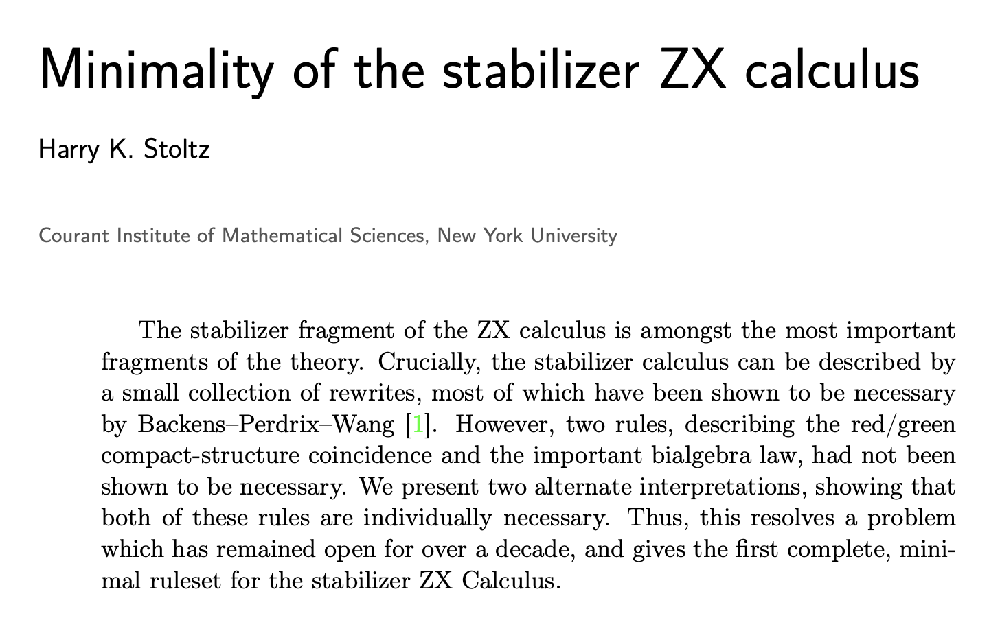 Title page of Minimality of the stabilizer ZX calculus by Harry K. Stoltz